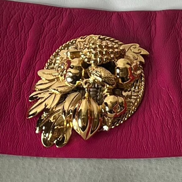 VTG Isabel Canovas Pink Leather Wide Belt Designer Waist Corset Gold Rare 80's - Picture 6 of 11